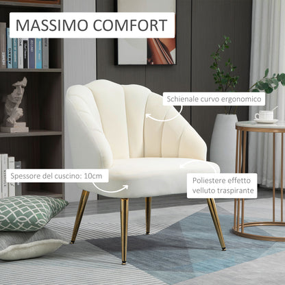 Upholstered Armchair with Shell-Shaped Backrest, Bedroom and Living Room Velvet Armchair with Golden Legs, for Bedroom and Living Room, Cream