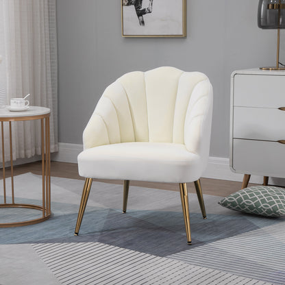 Upholstered Armchair with Shell-Shaped Backrest, Bedroom and Living Room Velvet Armchair with Golden Legs, for Bedroom and Living Room, Cream