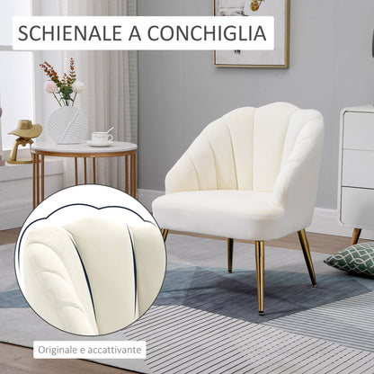 Upholstered Armchair with Shell-Shaped Backrest, Bedroom and Living Room Velvet Armchair with Golden Legs, for Bedroom and Living Room, Cream
