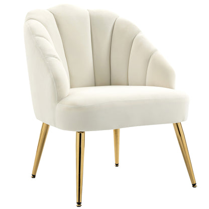 Upholstered Armchair with Shell-Shaped Backrest, Bedroom and Living Room Velvet Armchair with Golden Legs, for Bedroom and Living Room, Cream