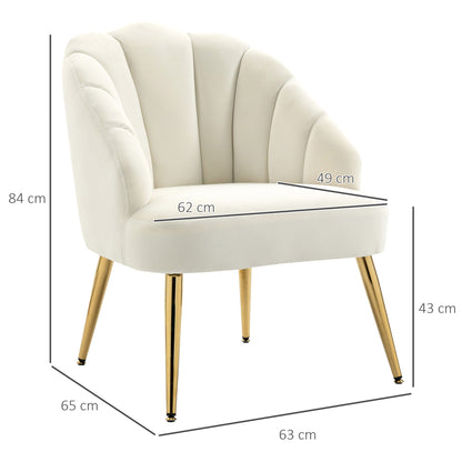 Upholstered Armchair with Shell-Shaped Backrest, Bedroom and Living Room Velvet Armchair with Golden Legs, for Bedroom and Living Room, Cream