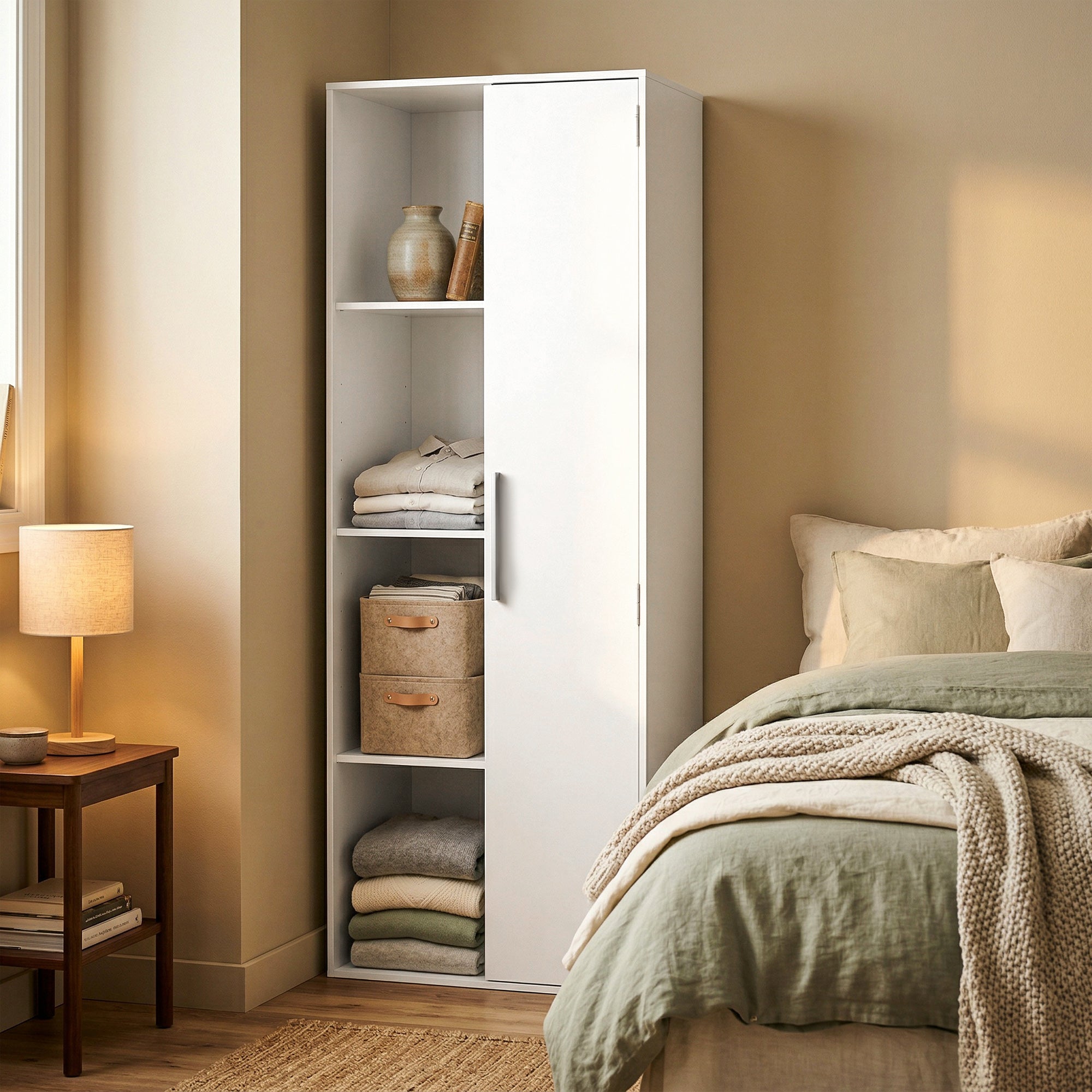 7-Tier Bookcase with Door, 4 Open Shelves & Adjustable Shelves — Modern Free-Standing Shelf 23.6 x 13.8 x 63 in (60 x 35 x 160 cm) — White