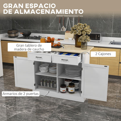 Kitchen Island Cart with Foldable Wood Countertop, 2 Doors, 2 Drawers, Adjustable Shelf, and 4 Wheels 105x60x90.5 cm White