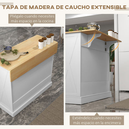 Kitchen Island Cart with Foldable Wood Countertop, 2 Doors, 2 Drawers, Adjustable Shelf, and 4 Wheels 105x60x90.5 cm White