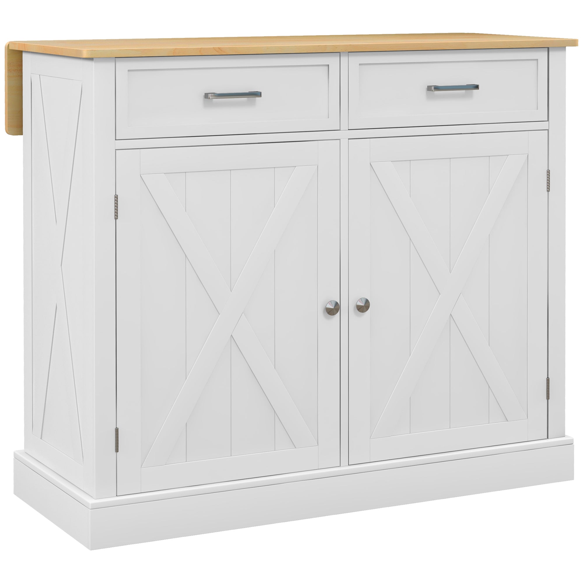 Kitchen Island Cart with Foldable Wood Countertop, 2 Doors, 2 Drawers, Adjustable Shelf, and 4 Wheels 105x60x90.5 cm White