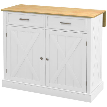 Kitchen Island Cart with Foldable Wood Countertop, 2 Doors, 2 Drawers, Adjustable Shelf, and 4 Wheels 105x60x90.5 cm White