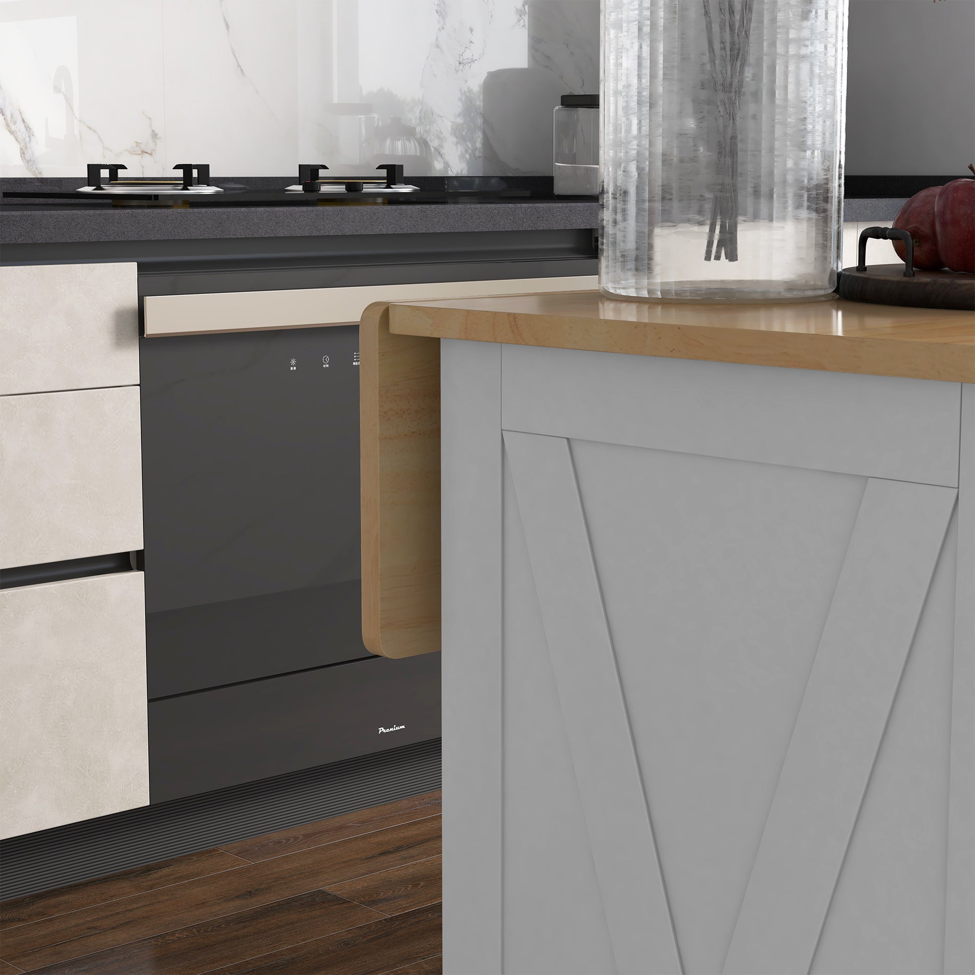 Kitchen Island Cart with Foldable Wood Countertop, 2 Doors, 2 Drawers, Adjustable Shelf, and 4 Wheels 105x60x90.5 cm White