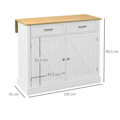 Kitchen Island Cart with Foldable Wood Countertop, 2 Doors, 2 Drawers, Adjustable Shelf, and 4 Wheels 105x60x90.5 cm White