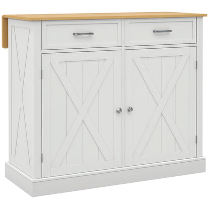 Kitchen Island Cart with Foldable Wood Countertop, 2 Doors, 2 Drawers, Adjustable Shelf, and 4 Wheels 105x60x90.5 cm White