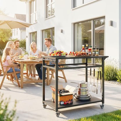 Outdoor BBQ Cart with 2 Metal Shelves, Outdoor Kitchen Table with Wheels, Handle, Trash Bag Holder & Hooks, 113 x 50.5 x 88 cm (44.5 x 19.9 x 34.6 in), Black