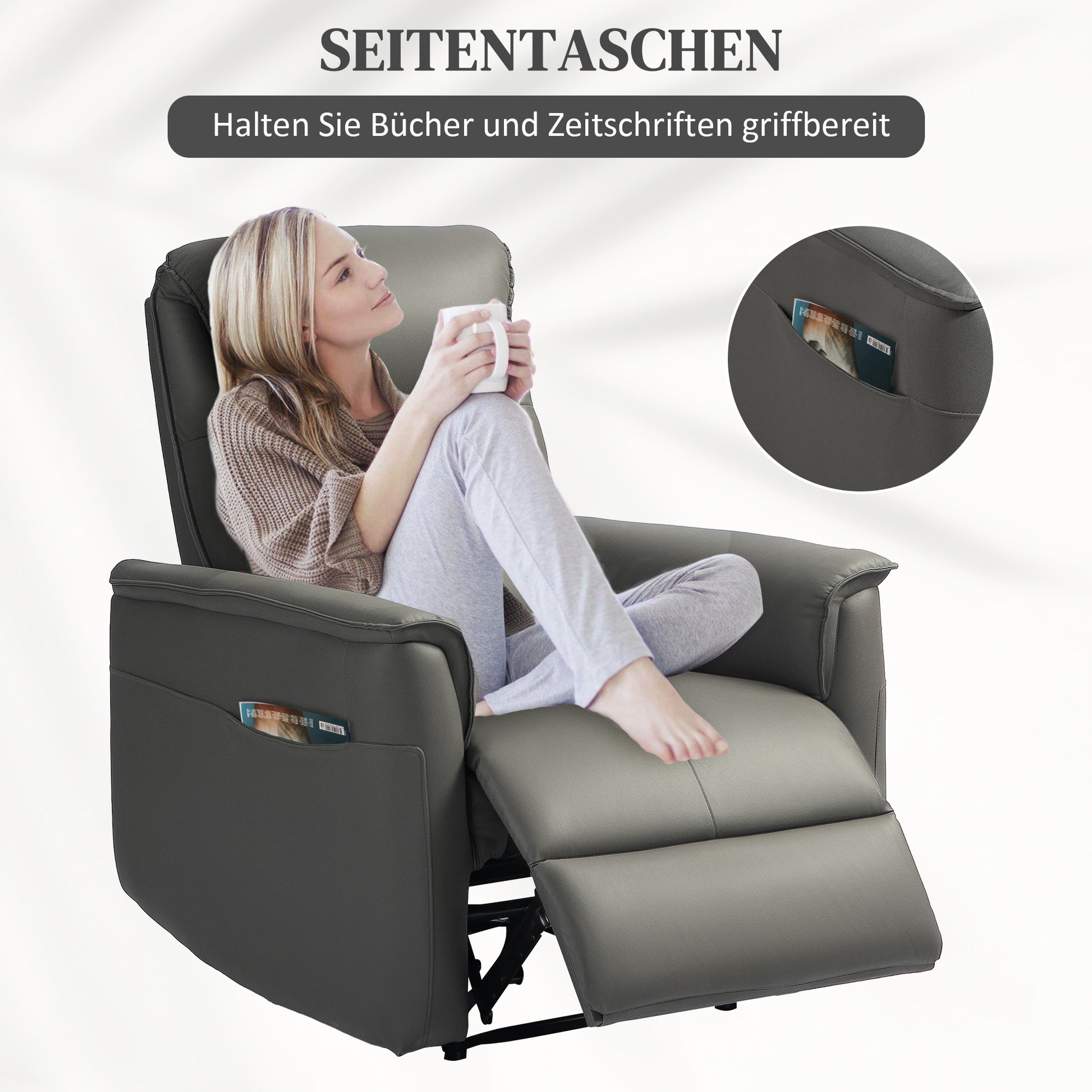 Recliner Armchair, TV Armchair with Reclining Function, Pocket Spring Core, Padded TV Armchair with Footrest, Side Pocket, Microfiber for Living Room, Bedroom, Light Grey