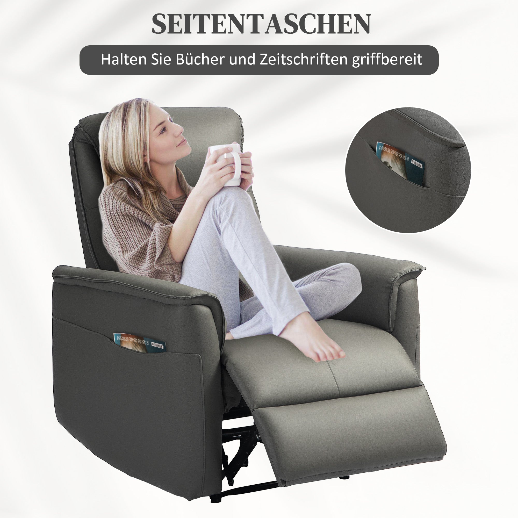 Recliner Armchair, TV Armchair with Reclining Function, Pocket Spring Core, Padded TV Armchair with Footrest, Side Pocket, Microfiber for Living Room, Bedroom, Light Grey