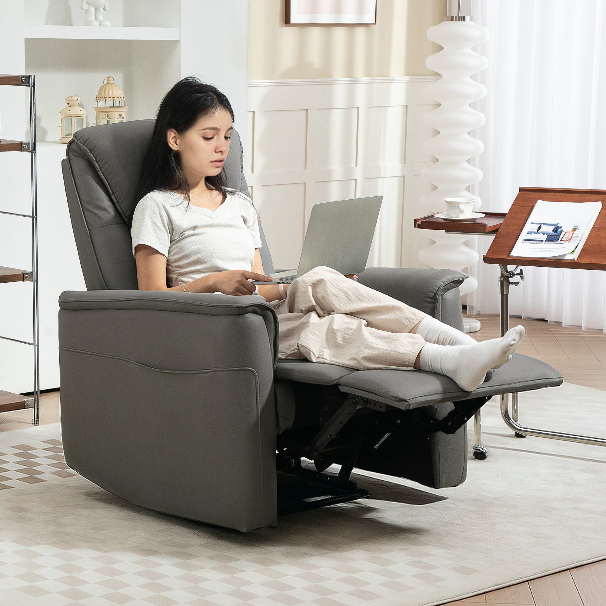 Recliner Armchair, TV Armchair with Reclining Function, Pocket Spring Core, Padded TV Armchair with Footrest, Side Pocket, Microfiber for Living Room, Bedroom, Light Grey