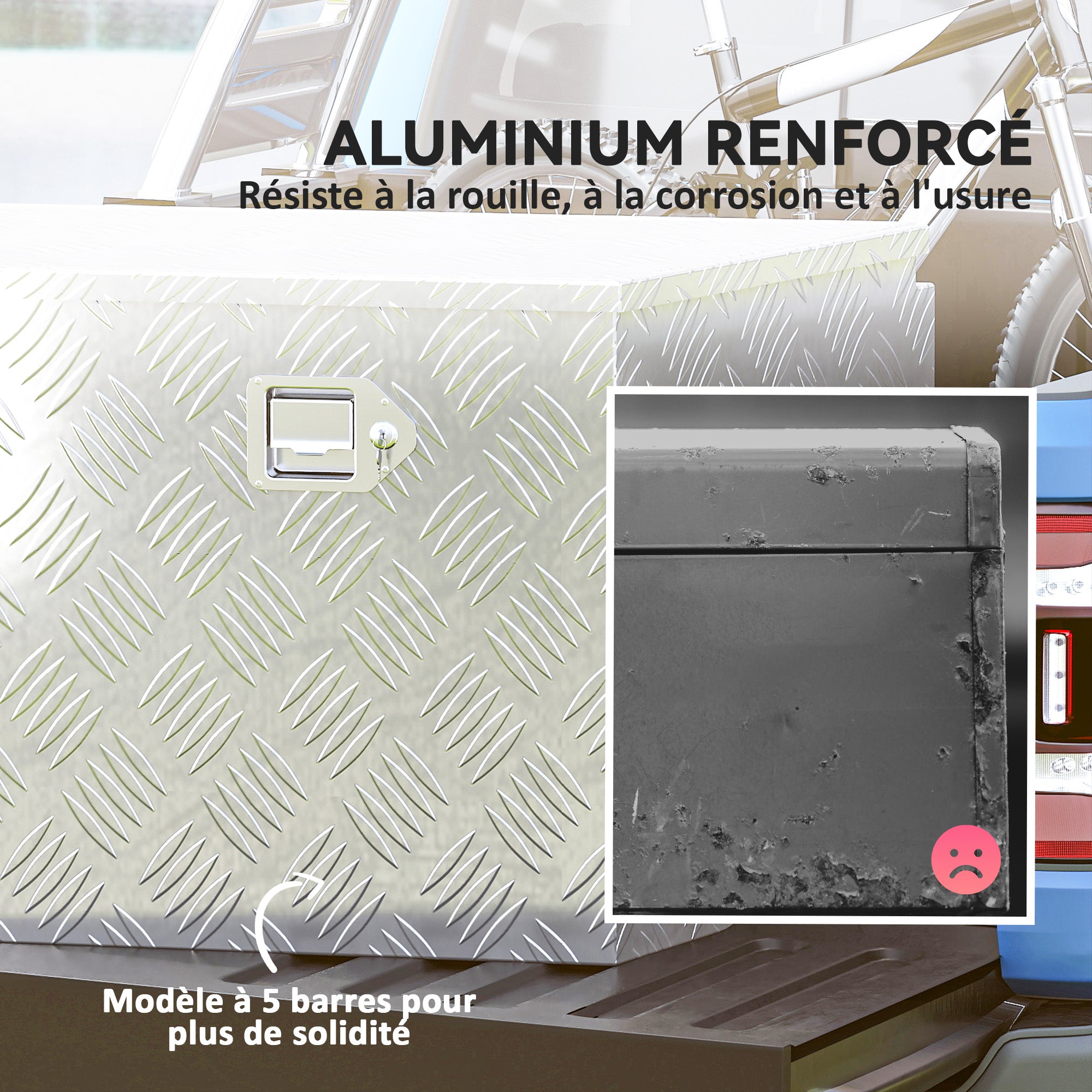Trailer Toolbox, Aluminum Storage Box, Integrated Lock with Keys, Trapezoidal Shape, for Vans, Trailers, 73.7 x 41 x 46 cm, Silver
