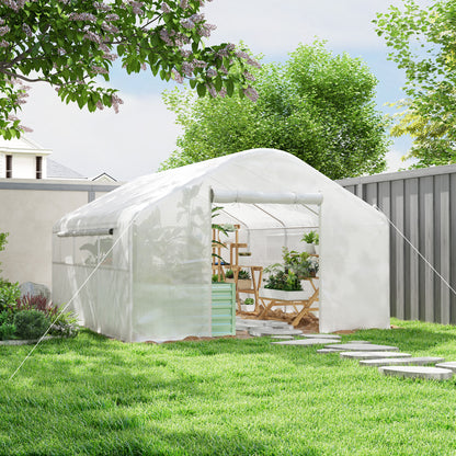 Outdoor Greenhouse 4x3x2 m Tunnel Greenhouse with 2 UV-Resistant PE Cover Windows and 1 Roll-Up Door with Zipper Greenhouse for Garden Patio White