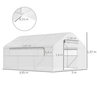 Outdoor Greenhouse 4x3x2 m Tunnel Greenhouse with 2 UV-Resistant PE Cover Windows and 1 Roll-Up Door with Zipper Greenhouse for Garden Patio White