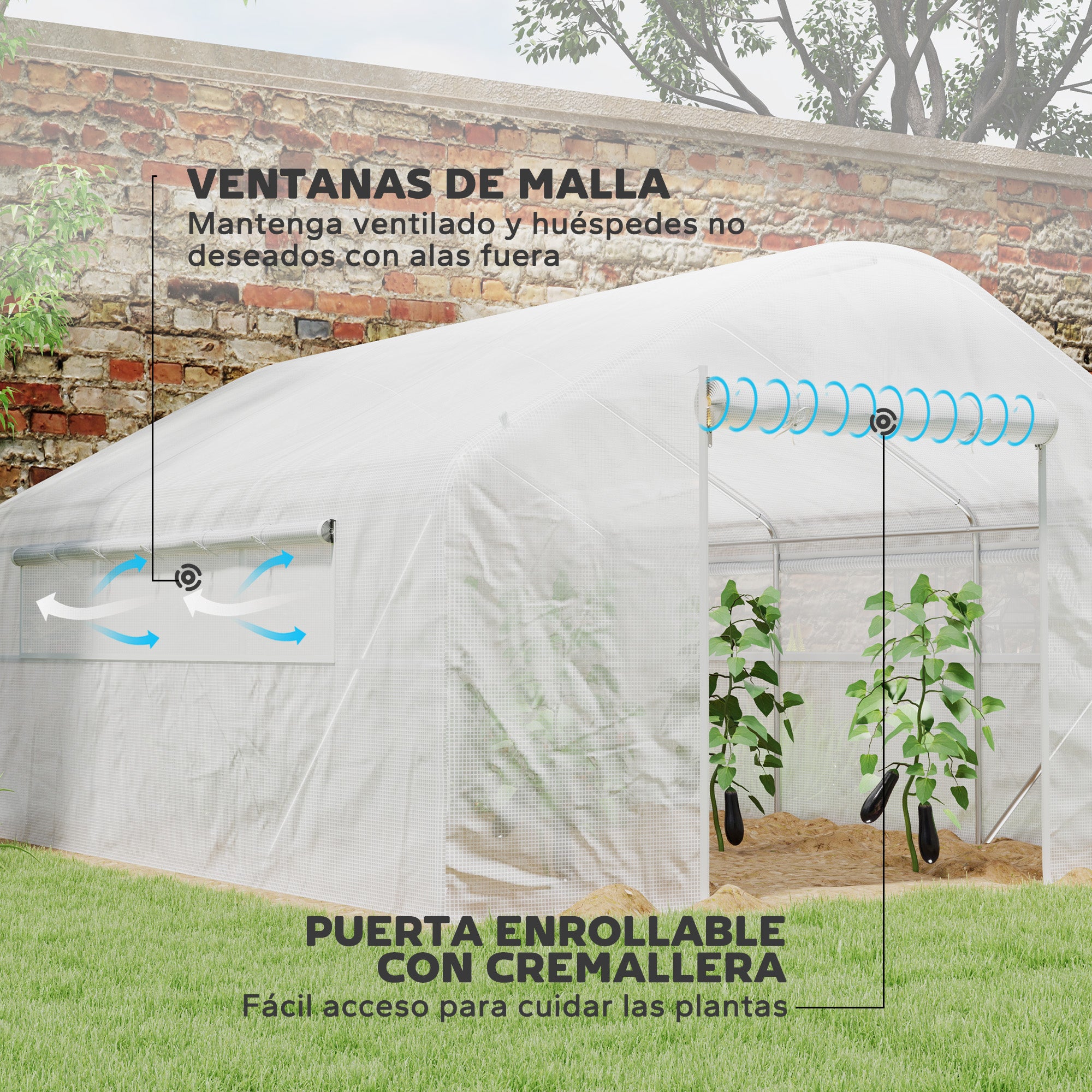 Outdoor Greenhouse 4x3x2 m Tunnel Greenhouse with 2 UV-Resistant PE Cover Windows and 1 Roll-Up Door with Zipper Greenhouse for Garden Patio White