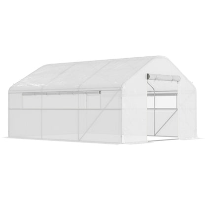 Outdoor Greenhouse 4x3x2 m Tunnel Greenhouse with 2 UV-Resistant PE Cover Windows and 1 Roll-Up Door with Zipper Greenhouse for Garden Patio White