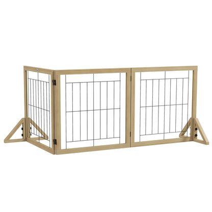 Wooden Dog Barrier 210x70 cm Pet Gate Folding 3 Panels with Bi-Directional Fold and Triangular Support Legs for Doorway Hallway Stairway Natural Wood