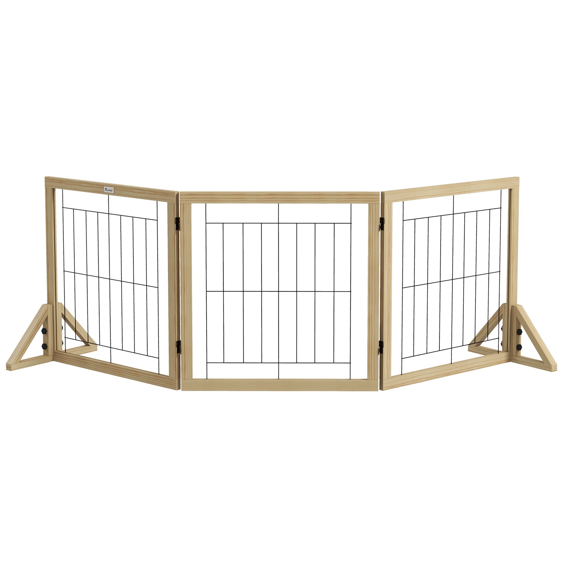Wooden Dog Barrier 210x70 cm Pet Gate Folding 3 Panels with Bi-Directional Fold and Triangular Support Legs for Doorway Hallway Stairway Natural Wood