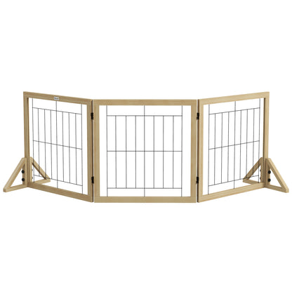 Wooden Dog Barrier 210x70 cm Pet Gate Folding 3 Panels with Bi-Directional Fold and Triangular Support Legs for Doorway Hallway Stairway Natural Wood