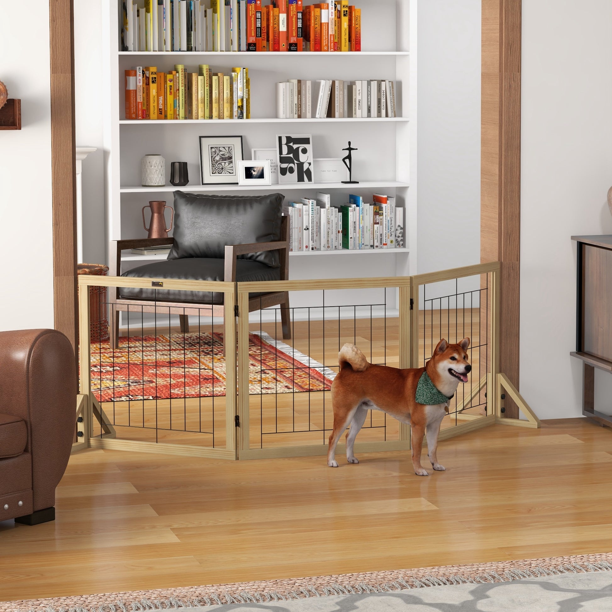Wooden Dog Barrier 210x70 cm Pet Gate Folding 3 Panels with Bi-Directional Fold and Triangular Support Legs for Doorway Hallway Stairway Natural Wood