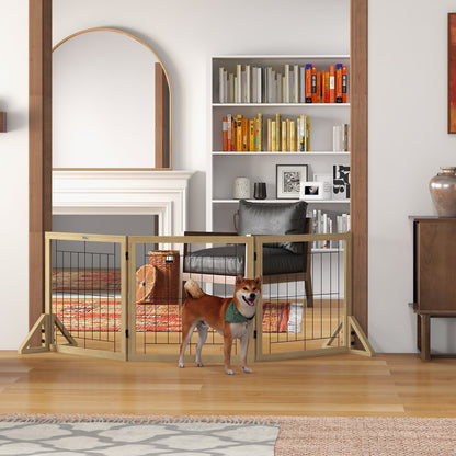 Wooden Dog Barrier 210x70 cm Pet Gate Folding 3 Panels with Bi-Directional Fold and Triangular Support Legs for Doorway Hallway Stairway Natural Wood