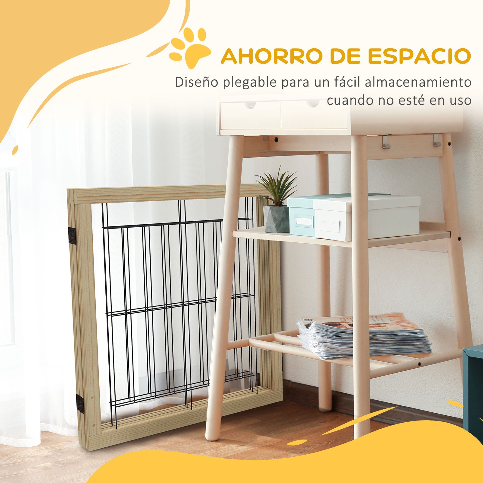 Wooden Dog Barrier 210x70 cm Pet Gate Folding 3 Panels with Bi-Directional Fold and Triangular Support Legs for Doorway Hallway Stairway Natural Wood
