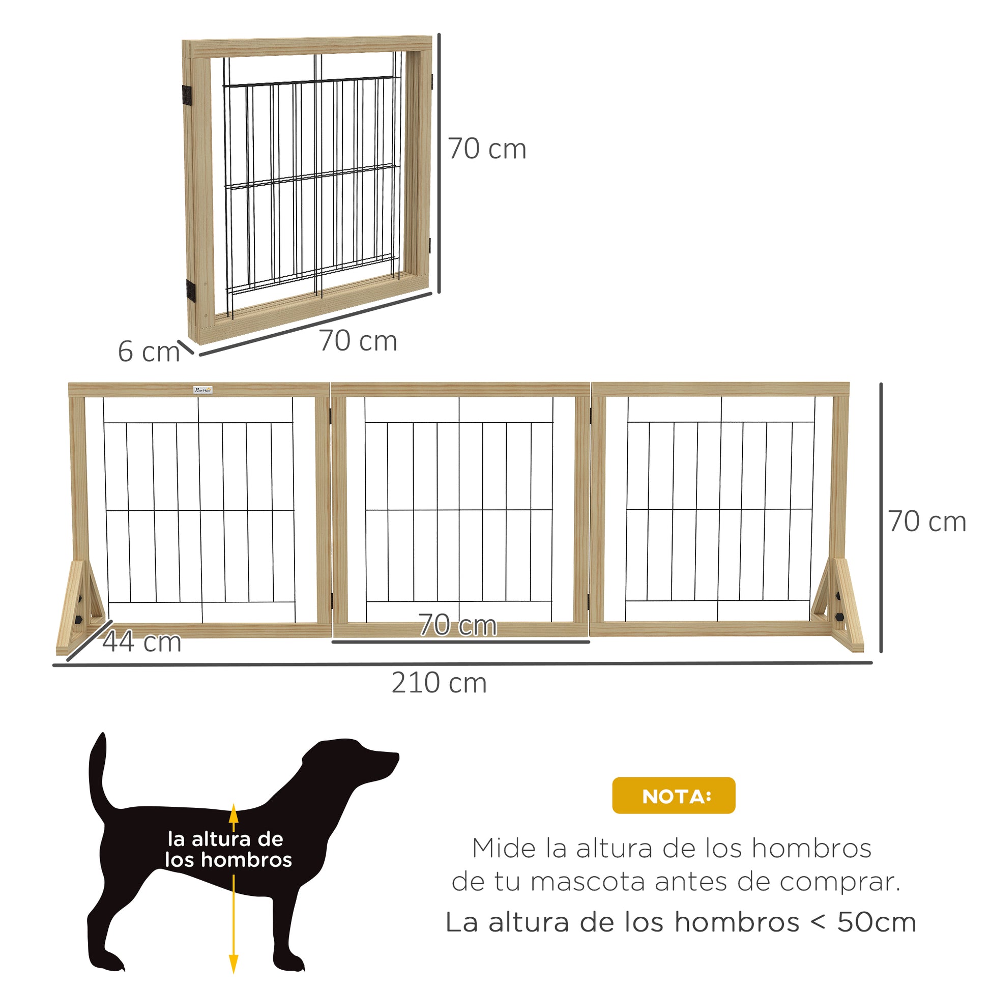 Wooden Dog Barrier 210x70 cm Pet Gate Folding 3 Panels with Bi-Directional Fold and Triangular Support Legs for Doorway Hallway Stairway Natural Wood