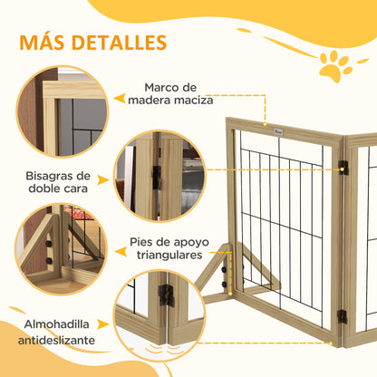 Wooden Dog Barrier 210x70 cm Pet Gate Folding 3 Panels with Bi-Directional Fold and Triangular Support Legs for Doorway Hallway Stairway Natural Wood