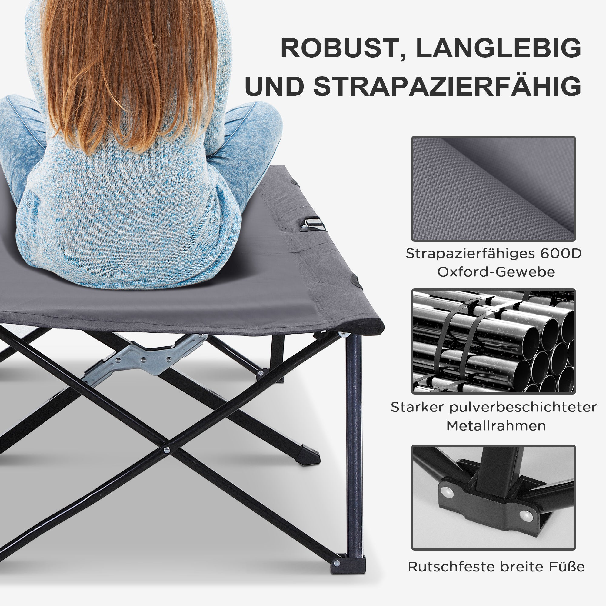 Folding Camping Bed for 2 People Camp Bed with Carry Bag up to 136 kg Capacity Steel Oxford Gray 193 x 125 x 40 cm