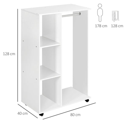 Wardrobe Closet with Wheels Clothes Rack with Open Shelves Organizer for Hanging Clothes in Bedroom 80x40x128cm White