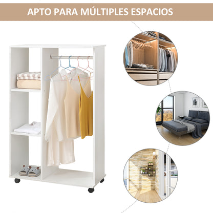 Wardrobe Closet with Wheels Clothes Rack with Open Shelves Organizer for Hanging Clothes in Bedroom 80x40x128cm White