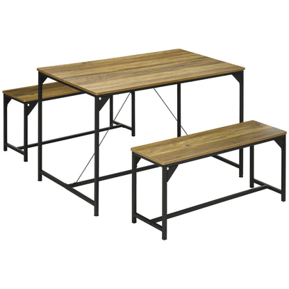 Dining Table Set with 2 Benches Steel Frame 4 Person Table 120 x 70 x 75 cm Bench 100 x 30 x 45 cm for Kitchen Dining Room Living Room Natural and Black