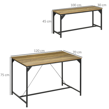 Dining Table Set with 2 Benches Steel Frame 4 Person Table 120 x 70 x 75 cm Bench 100 x 30 x 45 cm for Kitchen Dining Room Living Room Natural and Black
