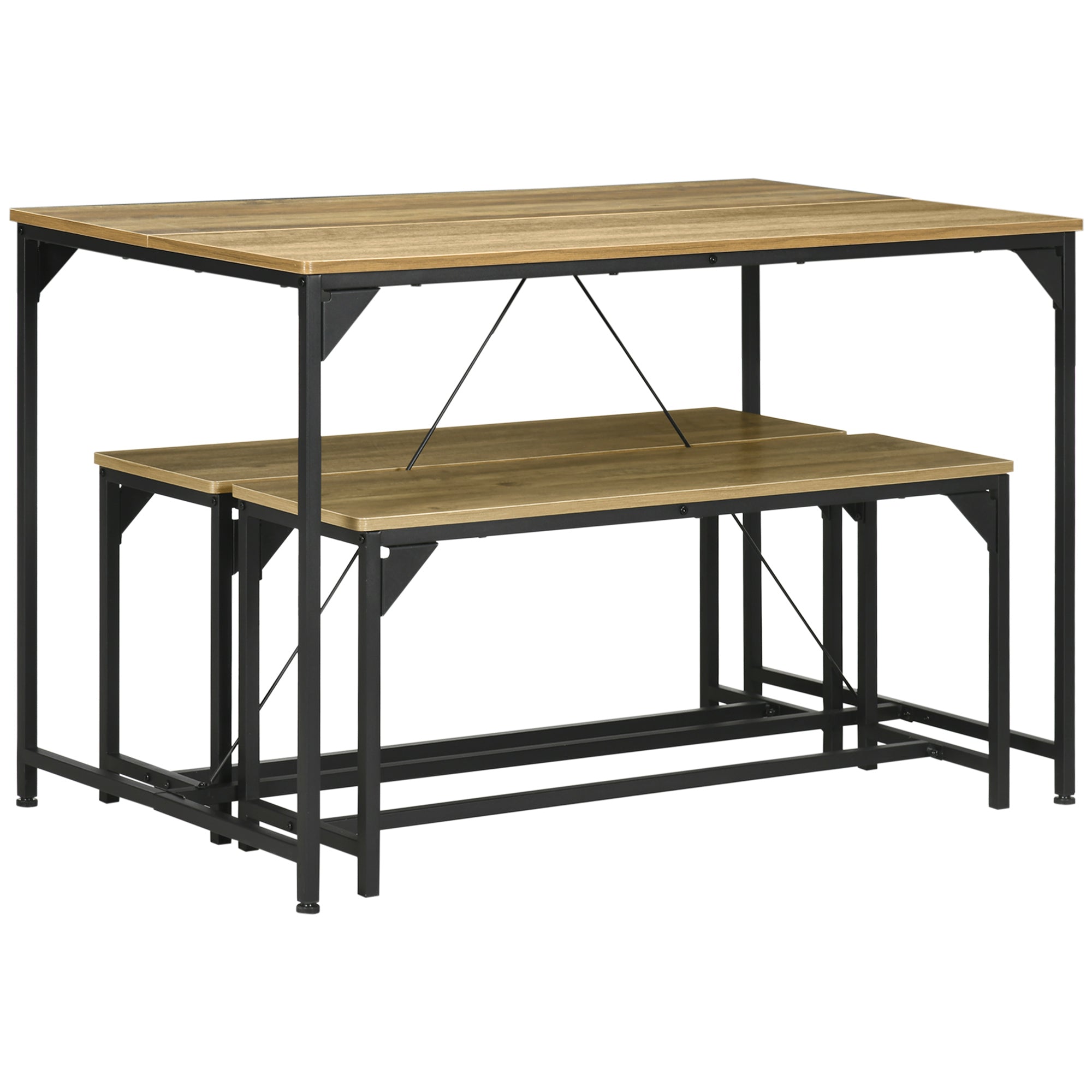 Dining Table Set with 2 Benches Steel Frame 4 Person Table 120 x 70 x 75 cm Bench 100 x 30 x 45 cm for Kitchen Dining Room Living Room Natural and Black
