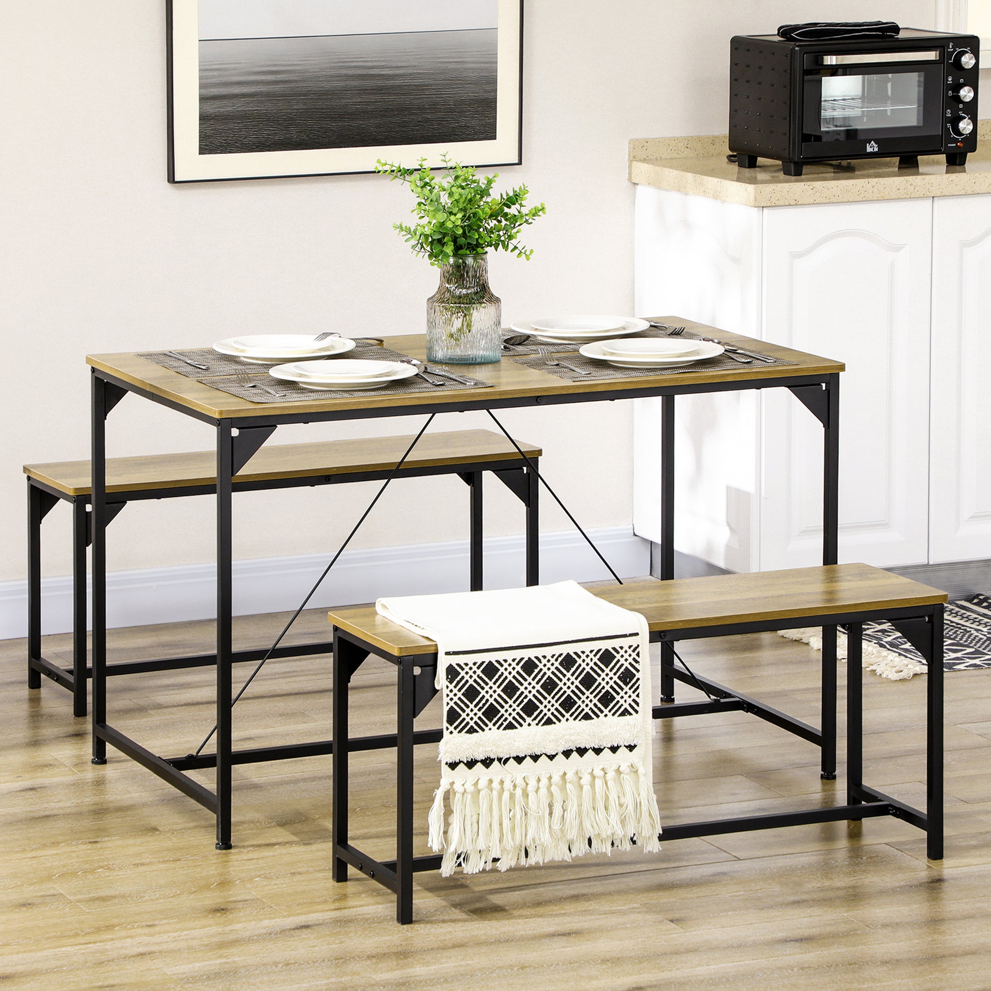 Dining Table Set with 2 Benches Steel Frame 4 Person Table 120 x 70 x 75 cm Bench 100 x 30 x 45 cm for Kitchen Dining Room Living Room Natural and Black