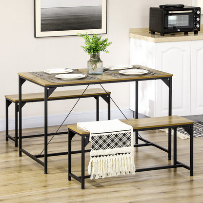 Dining Table Set with 2 Benches Steel Frame 4 Person Table 120 x 70 x 75 cm Bench 100 x 30 x 45 cm for Kitchen Dining Room Living Room Natural and Black