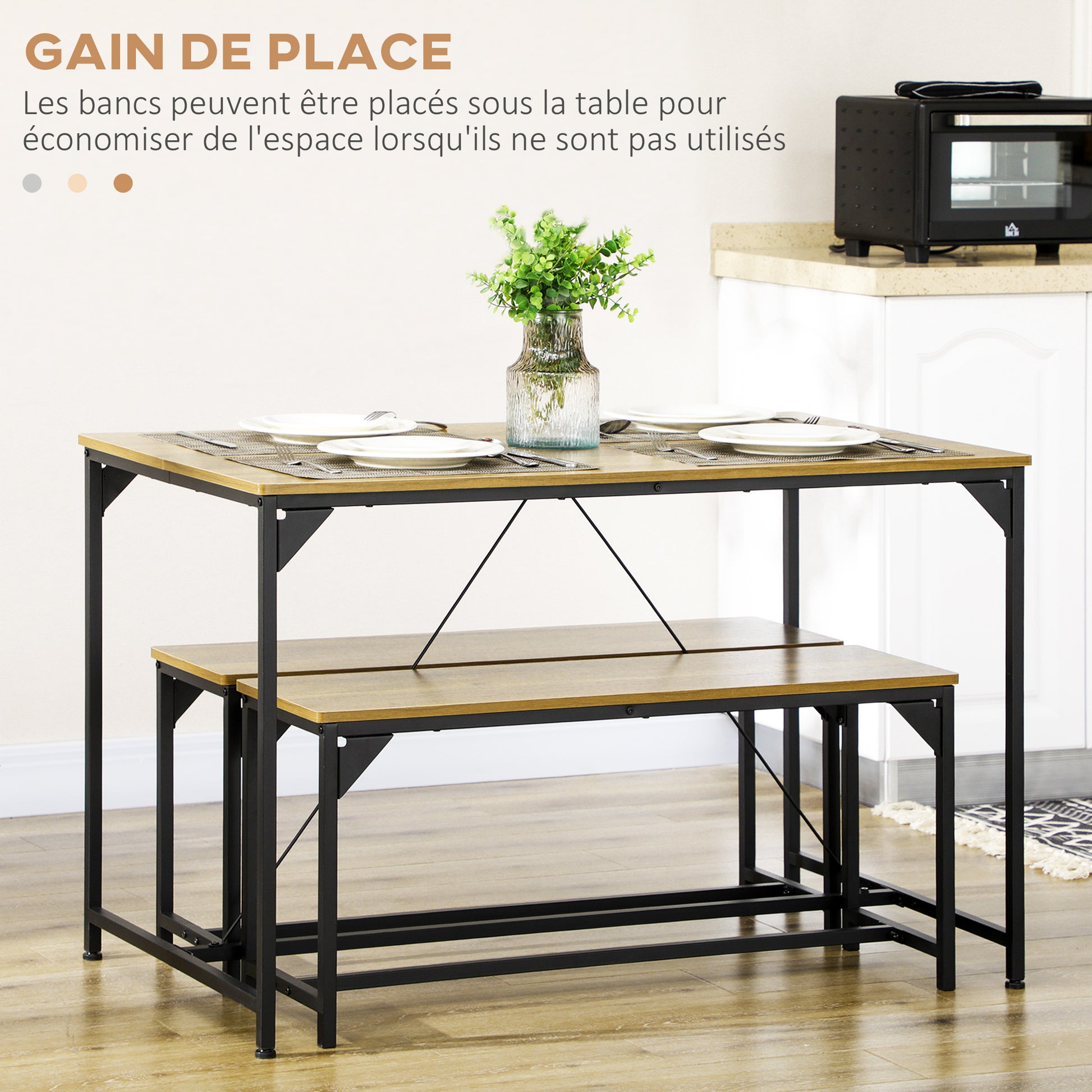 Dining Table Set with 2 Benches Steel Frame 4 Person Table 120 x 70 x 75 cm Bench 100 x 30 x 45 cm for Kitchen Dining Room Living Room Natural and Black