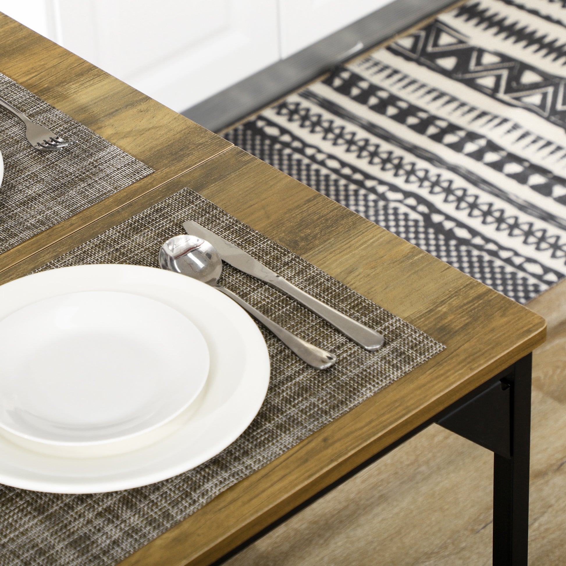 Dining Table Set with 2 Benches Steel Frame 4 Person Table 120 x 70 x 75 cm Bench 100 x 30 x 45 cm for Kitchen Dining Room Living Room Natural and Black