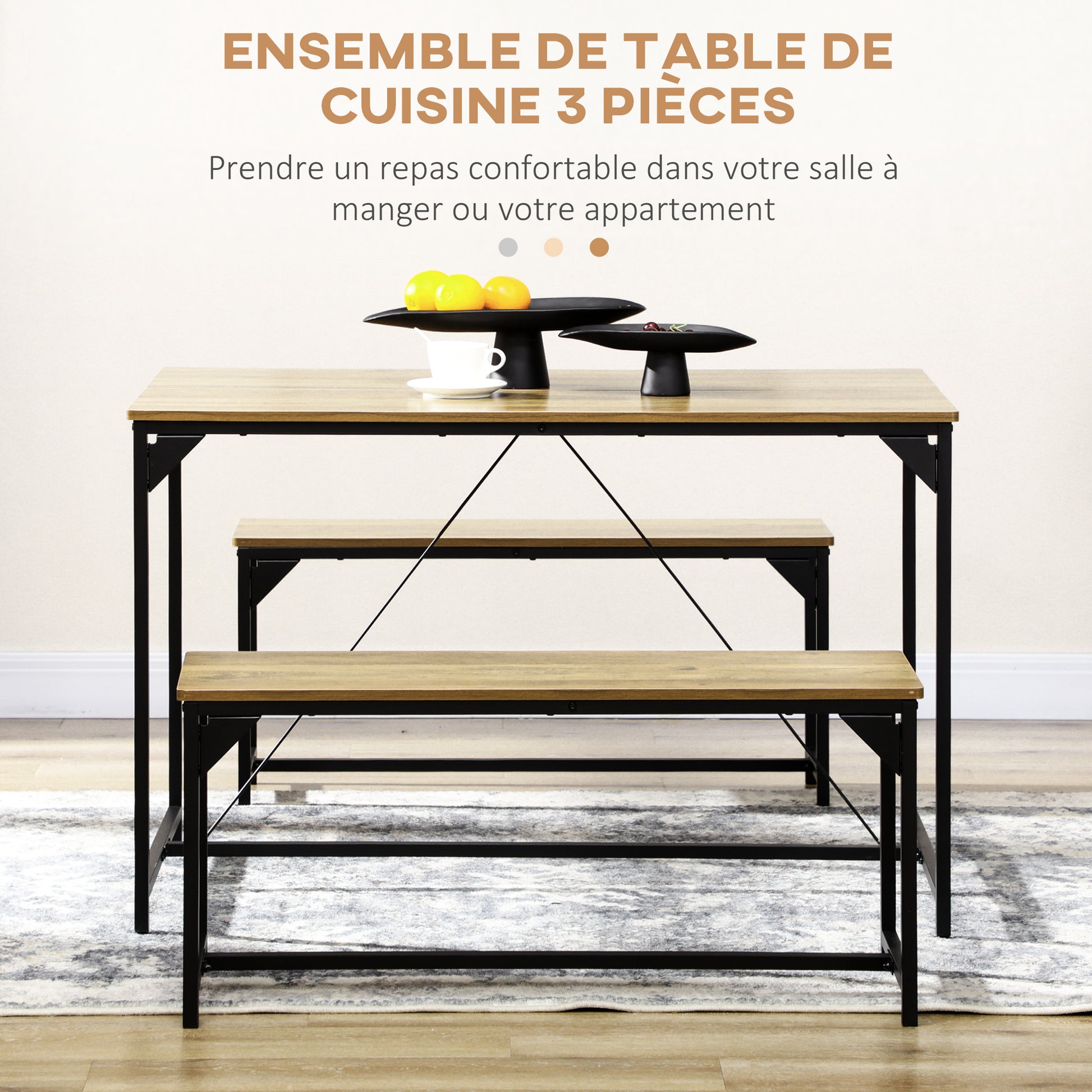 Dining Table Set with 2 Benches Steel Frame 4 Person Table 120 x 70 x 75 cm Bench 100 x 30 x 45 cm for Kitchen Dining Room Living Room Natural and Black