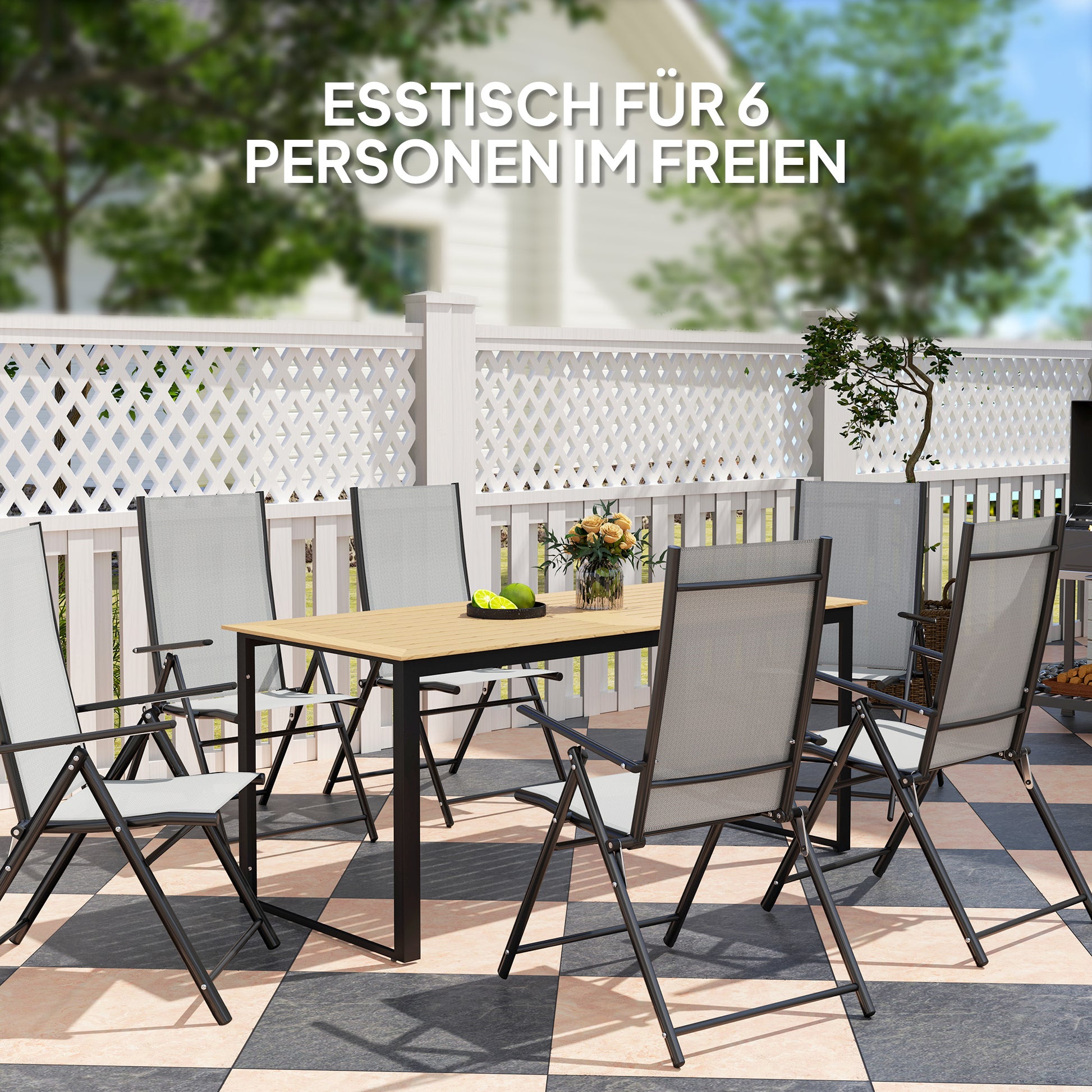 Garden Table Metal 175x78 cm Weatherproof Balcony Table with Wood Look, Slat Design Buffet Table Camping Table for 6 People Terrace Table Outdoor Dining Table for Garden, Terrace Balcony Black