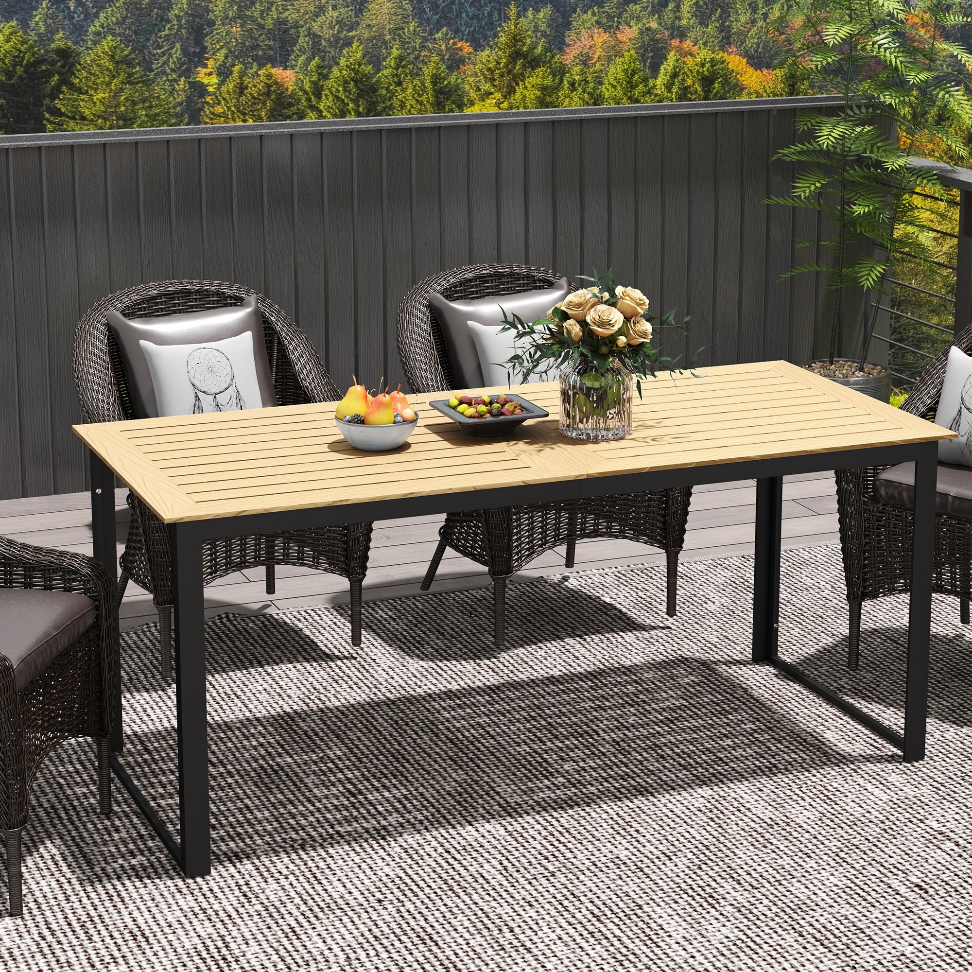 Garden Table Metal 175x78 cm Weatherproof Balcony Table with Wood Look, Slat Design Buffet Table Camping Table for 6 People Terrace Table Outdoor Dining Table for Garden, Terrace Balcony Black