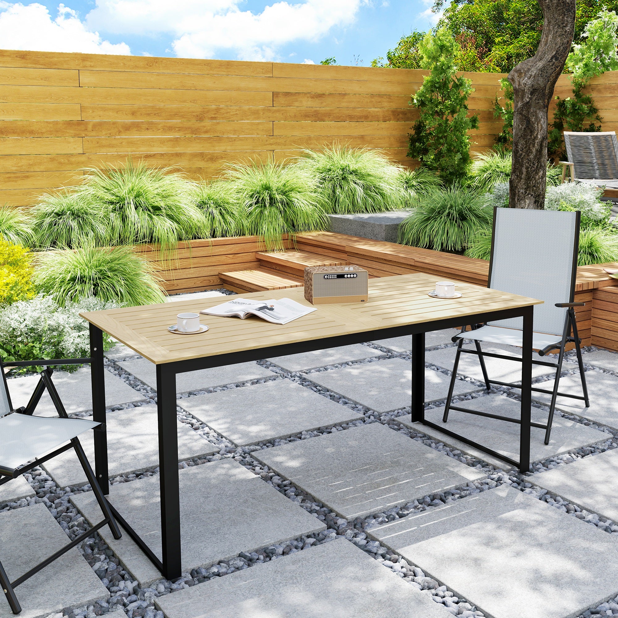 Garden Table Metal 175x78 cm Weatherproof Balcony Table with Wood Look, Slat Design Buffet Table Camping Table for 6 People Terrace Table Outdoor Dining Table for Garden, Terrace Balcony Black