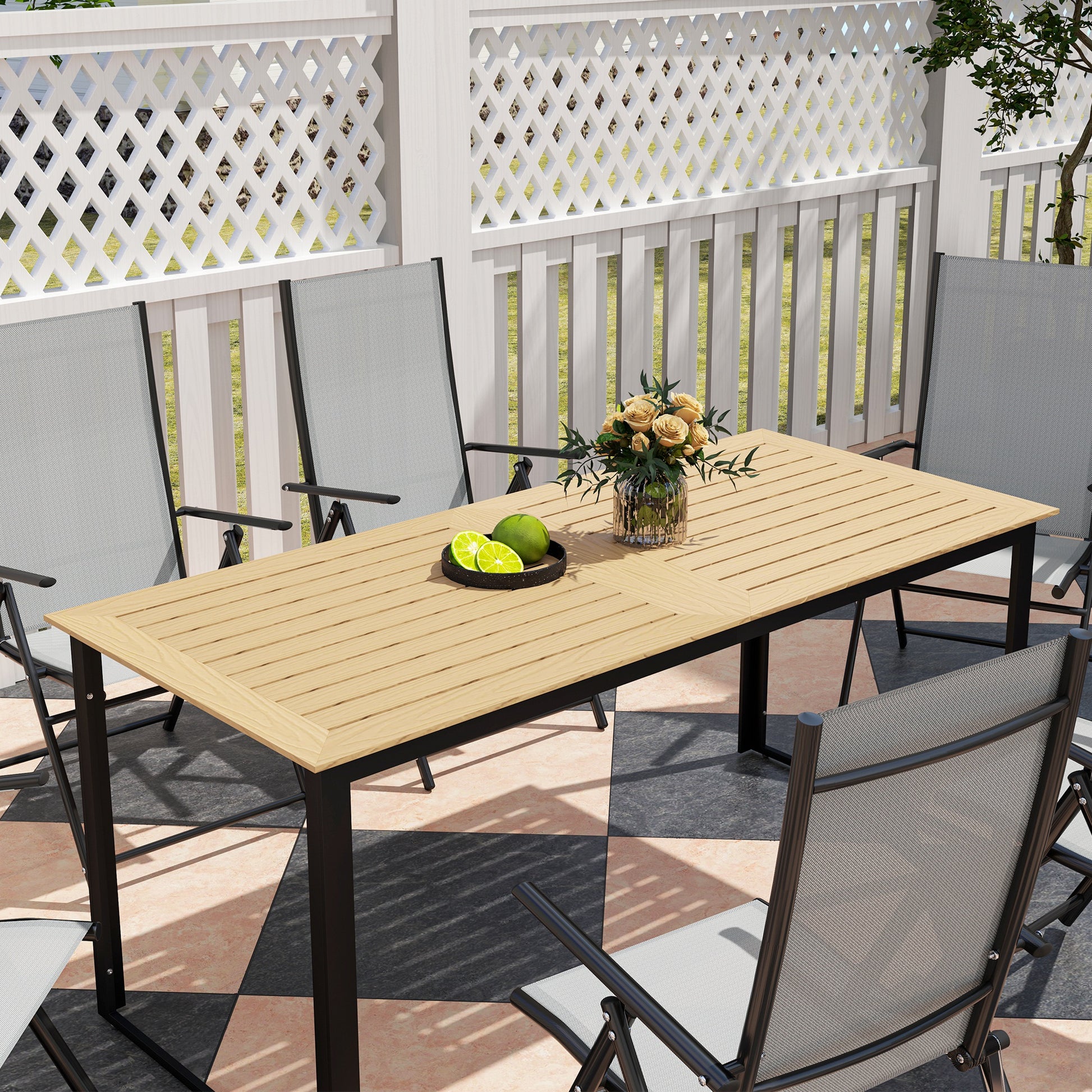 Garden Table Metal 175x78 cm Weatherproof Balcony Table with Wood Look, Slat Design Buffet Table Camping Table for 6 People Terrace Table Outdoor Dining Table for Garden, Terrace Balcony Black