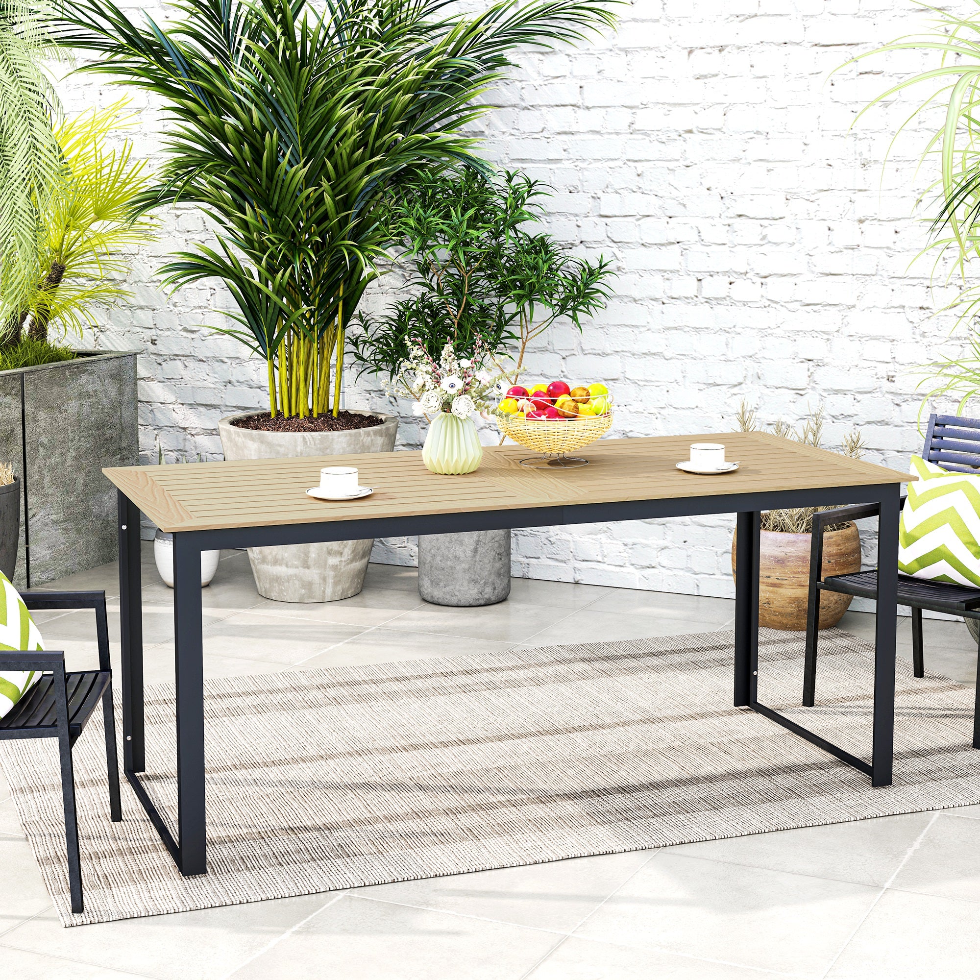 Garden Table Metal 175x78 cm Weatherproof Balcony Table with Wood Look, Slat Design Buffet Table Camping Table for 6 People Terrace Table Outdoor Dining Table for Garden, Terrace Balcony Black