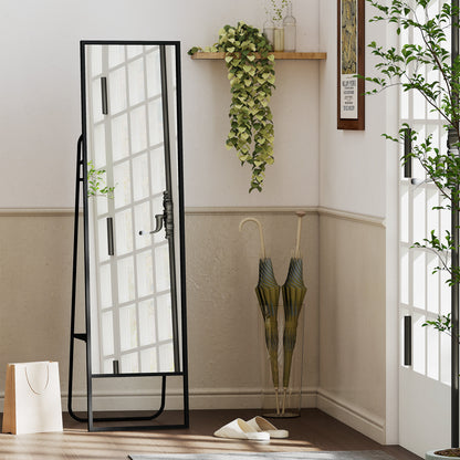 Full-Length Floor Mirror 148.5 x 40 cm, Rectangular Mirror with Back Shelf, 2 Hooks and Metal Frame, for Bedroom, Living Room, and Dressing Area, Black