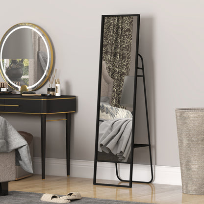 Full-Length Floor Mirror 148.5 x 40 cm, Rectangular Mirror with Back Shelf, 2 Hooks and Metal Frame, for Bedroom, Living Room, and Dressing Area, Black