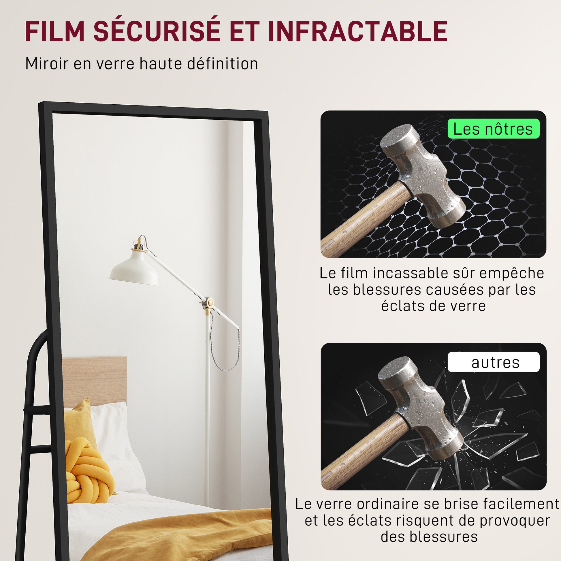 Full-Length Floor Mirror 148.5 x 40 cm, Rectangular Mirror with Back Shelf, 2 Hooks and Metal Frame, for Bedroom, Living Room, and Dressing Area, Black
