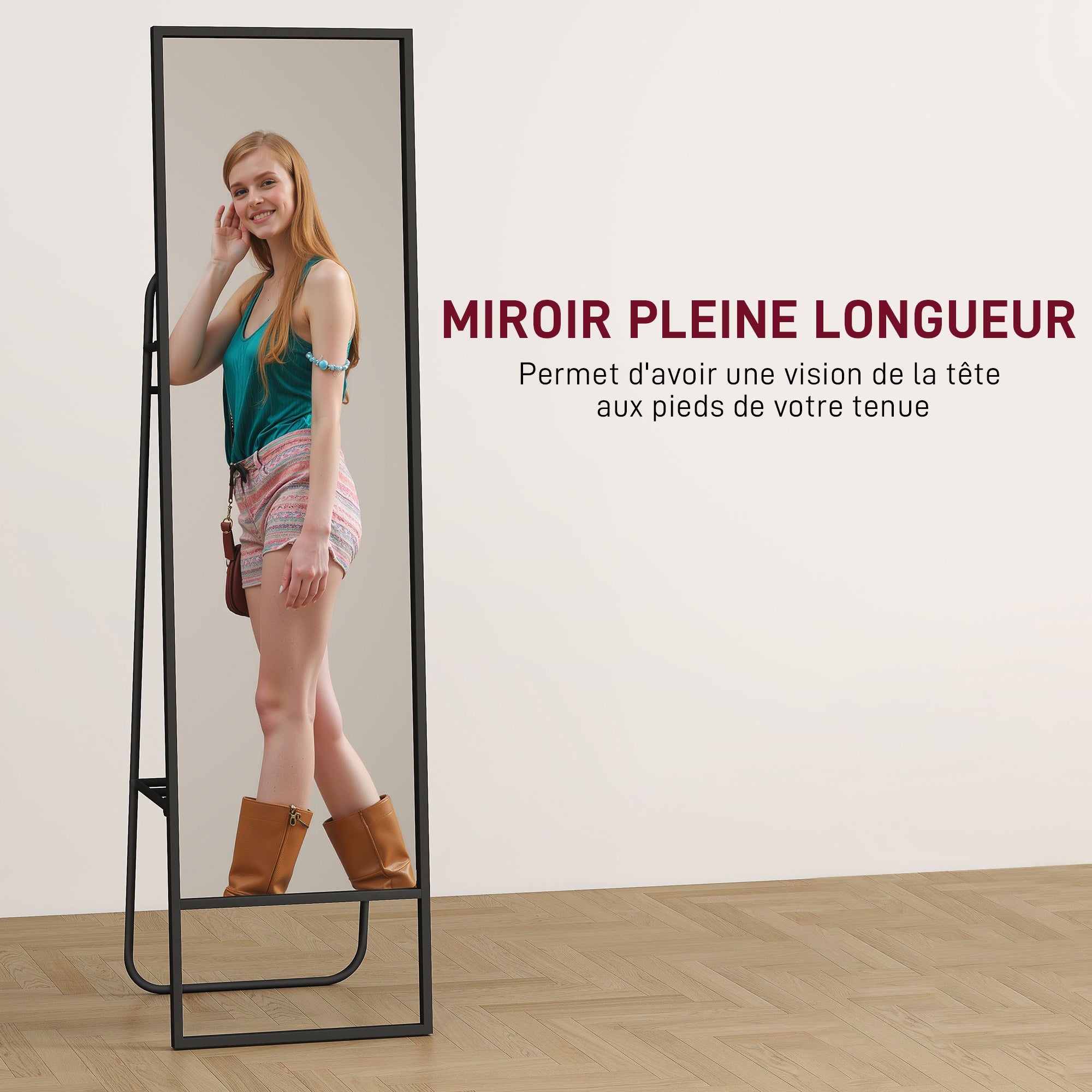 Full-Length Floor Mirror 148.5 x 40 cm, Rectangular Mirror with Back Shelf, 2 Hooks and Metal Frame, for Bedroom, Living Room, and Dressing Area, Black